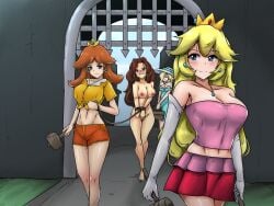 4girls alte-rie bondage bound clothed_female_nude_female female female_only femsub hands_tied hands_tied_in_front mario_(series) orange_shorts outside pauline picnic_basket princess_daisy princess_peach princess_rosalina rope shorts summer_dress torture