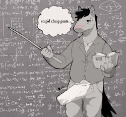 2024 anthro big_bulge blush bodily_fluids book bottomwear bulge chalkboard clothed clothing detailed_bulge diagram directional_arrow dripping dustifang embarrassed english_text equation equid equine erection erection_under_clothing eyebrows fur genital_fluids greyscale hair hi_res holding_object horse huge_bulge inside male male_only mammal monochrome narrowed_eyes number pants precum precum_drip precum_through_clothing precum_through_underwear shirt simple_background slightly_chubby slightly_chubby_anthro slightly_chubby_male solo standing sweat teacher tenting text thought_bubble topwear tuft unbuttoned underwear wardrobe_malfunction wet wet_clothing wet_underwear