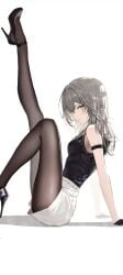 2d arm_band black_pantyhose clothed gray_hair heels hidulume high_heels honkai:_star_rail non-nude one_leg_raised pantyhose shorts sleeveless_shirt stelle_(honkai:_star_rail) white_background yellow_eyes