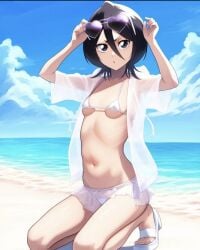 1girls ai_generated beach black_hair bleach dark_purple_eyes female female_only heart_glasses holding_glasses kuchiki_rukia mommy on_knees purple_eyes short_hair small_breasts solo transparent_bikini transparent_clothing white_bikini white_heels