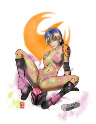 1girls 2014 anus armlet ass blue_hair body_writing bodypaint boots breasts colored_hair elbow_pads english_text eyebrows female female_only footwear gloves graffiti happy helmet jer360x komainu_(artist) leaning_back light-female lipstick looking_at_viewer mandalorian messy multicolored_hair nipples orange_eyes paint pink_lipstick pussy rebel_alliance_symbol redraw sabine_wren shoes short_hair shoulder_pads simple_background sitting small_breasts smile solo spray spray_can spread_legs star_wars star_wars_rebels symbol text two_tone_hair white_background