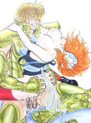 1girls ass breasts cum cum_on_breasts eagle_marin facial female human leo_aiolia light-skinned_female light_skin long_hair male mask neutral_mask penetration penis pubic_hair red_hair saint_seiya sex shounen_jump silver_saints sweat testicles