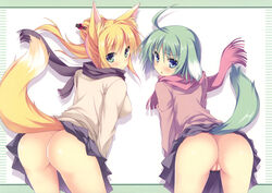 2girls :o ahoge animal_ears ass blonde_hair blue_eyes blush breasts dog_days dog_ears dog_tail eclair_martinozzi female fox_ears fox_tail green_eyes green_hair hair_ornament hair_stick large_breasts long_hair looking_at_viewer looking_back multiple_girls no_panties ponytail pussy scarf short_hair skirt skirt_lift smile tail tateha_(artist) thighs tied_hair uncensored yukikaze_panettone