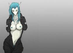 abstract_background anthro breasts clothed clothing female lethal_doors looking_at_viewer nipples pubes pubic_hair skimpy suit unknown_species