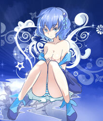 ababari awawawa blue_background blue_eyes blue_hair blue_theme breasts exposed_breasts hair_ornament panties selector_infected_wixoss underwear