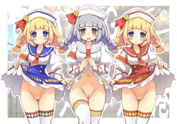 3girls blonde_hair blue_eyes blush braid chikyuujin_a dixie_cup_hat dress dress_lift erina_(monster_hunter) female grey_eyes grey_hair hat kathy_(monster_hunter) laura_(monster_hunter) long_hair monster_hunter monster_hunter_3_g multiple_girls navel no_panties open_mouth pussy receptionist_(monster_hunter_3_g) smile thighhighs thighs tied_hair twin_braids twintails uncensored white_legwear