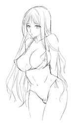 1girls 2d athena_(saint_seiya) bikini breasts female goddess large_breasts long_hair miryuku monochrome nipples pubic_hair purple_hair saint_seiya saori_kido shounen_jump sketch solo swimsuit