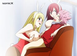 1boy 2girls 3some erza_scarlet fairy_tail female group human lucy_heartfilia male natsu_dragneel paizuri sonicx straight tagme threesome