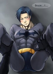 2boys batcest batman batman_(bruce_wayne) batman_(dick_grayson) batman_(series) blush bodysuit bruce_wayne brudick bulge clothed dc dc_comics dick_grayson human jemallman male male_only multiple_males nightwing pov yaoi