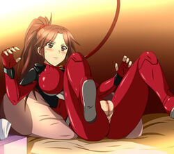 anus ass bed blush bodysuit breasts brown_eyes brown_hair censored erect_nipples female guilty_crown highres large_breasts legs long_hair looking_away lying pillow ponytail pussy shinomiya_ayase simple_background solo spec_(artist) spread_legs thighs tied_hair torn_clothes