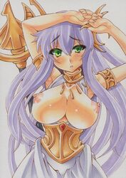 1girls aqua_eyes athena_(saint_seiya) blush breasts choker cleavage corset female goddess hair_ornament hands_on_own_chest large_breasts long_hair marker_(medium) mechanical_pencil millipen_(medium) nipples open_mouth pencil purple_hair saint_seiya saori_kido shounen_jump traditional_media yutakasan-love