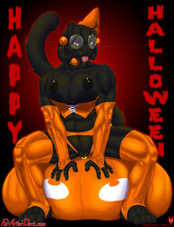 2011 4_toes abs anthro bean_bag biceps big_breasts black_fur black_hair black_nipples black_nose breasts brown_eyes choker clitoris corset drooling ear_piercing eyewear feline female fur furafterdark genital_piercing glasses hair halloween hat hindpaw holidays leather long_hair looking_at_viewer mammal max_blackrabbit muscles muscular_female naughty nipples panther paws piercing pumpkin pussy pussy_noir saliva short_hair sitting smile solo spread_legs spreading stockings tongue tongue_out