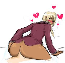 2boys anal anal_sex androgynous ass bangs black_eyes blonde_hair blush bottomless boy_on_top clenched_teeth dark-skinned_femboy dark-skinned_male dark_skin drill_hair femboy from_behind ganguro gyakuten_saiban heart hips huge_ass interracial klavier_gavin light-skinned_male looking_at_viewer looking_back male multiple_boys reverse_cowgirl_position sex simple_background solo_focus sweat trap white_background yaoi yellow_kirby