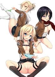 3girls :d annie_leonhardt attack_on_titan bangs belt black_hair black_legwear black_skirt blonde_hair blue_eyes blue_panties blush breasts breasts_out brown_eyes buttons christa_lenz female_only hair_between_eyes hairless_pussy highres historia_reiss holding_panties hoodie hourglass_figure jacket kneehighs kneeling looking_at_viewer medium_breasts mikasa_ackerman momonokizmen mound_of_venus multiple_girls no_bra open_clothes open_mouth open_shirt panties_around_leg panties_removed panty_pull parted_lips ponytail presenting_panties presenting_removed_panties purple_eyes pussy scarf shingeki_no_kyojin shiny shiny_hair shiny_skin shirt short_hair simple_background sitting smile spread_legs striped striped_panties thigh_strap thighhighs tied_hair uncensored uniform white_background white_legwear