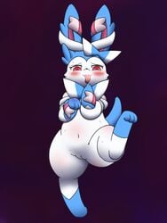 2014 barefoot blush bow canine cute eeveelution female feral fur happy long_ears looking_at_viewer looking_down mammal navel nintendo nitrile nude pokémon_(species) pokemon pussy shiny_pokemon smile solo sweat sylveon tongue tongue_out video_games zoophilia