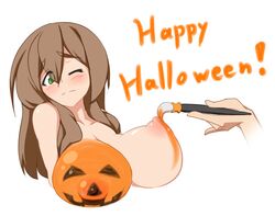 blush bodypaint breasts brown_hair bust green_eyes halloween kaz_(shade) large_breasts makihara_nodoka nipples paintbrush pumpkin_boobs wink