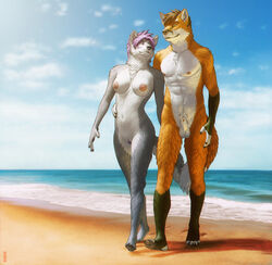 beach breasts brown_hair canine female fox fur grey_fur hair jess_(teckly) kannos male mammal nipples nude orange_fur penis pubic_hair purple_hair pussy seaside violet_hair werefox_(character) white_fur wolf