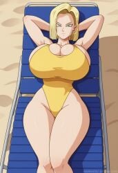 1girls ai_generated ambrose android_18 beach beach_chair blonde_hair blue_eyes bursting_breasts dragon_ball dragon_ball_z earring huge_breasts laying_down one_piece_swimsuit self_upload short_hair stable_diffusion sunbathing swimsuit thick_thighs wide_hips