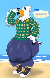 alythewolfcat animal_crossing anthro avian beach big_bulge bird buckteeth bulge clothing detailed_bulge english_text femboy genital_outline gull gulliver_(animal_crossing) hi_res huge_bulge hyper hyper_bulge josefumi_kujo lari larid male nintendo penis_outline solo sweater teeth text topwear wide_hips