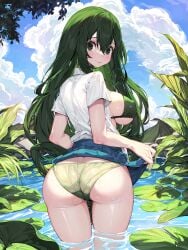 ass bare_legs bare_thighs big_ass big_breasts bikini bikini_under_clothes blush breasts closed_mouth frog_girl green_bikini green_eyes green_hair long_hair my_hero_academia nipples_visible_through_clothing outdoors partially_submerged shiny_skin shirt sideboob skirt skirt_lift thighs tsuyu_asui water waterring white_shirt