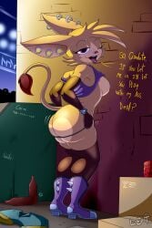 alcohol alley anthro ass beverage big_butt boots breasts clarity_(lechugansfw) clothing detailed_background dialogue dipodid dumpster female fishnet_clothing footwear hi_res jerboa lechugansfw looking_at_viewer mammal multiple_piercings piercing rodent shoes solo undressing yellow_body