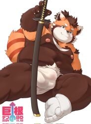 2024 ailurid anthro asian_clothing balls_outline big_dick_day brown_body bulge clothing cute_fangs detailed_bulge east_asian_clothing fangs feet fundoshi genital_outline hi_res japanese_clothing japanese_text kemono male male_only mammal morain_xs orange_body overweight overweight_male penis_outline red_panda simple_background smile solo suruga_(tamacolle) tamacolle teeth text underwear weapon white_background white_clothing white_fundoshi white_underwear