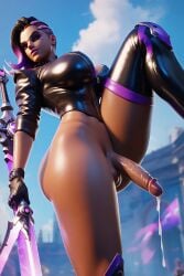 ai_generated big_breasts big_penis cum_leaking from_below futanari knee_up looking_at_viewer overwatch overwatch_2 sombra thick_thighs