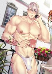 1boy abs arms_up ass_visible_through_thighs bara beefy biceps big_areola big_breasts blurry_background blush bulge bulge_through_clothing collarbone erect_nipples femboy flower freckles gay genital_outline heart heart_symbol hi_res holding_object holding_phone hunk jouvru_(joberu) lips lipstick male male_breasts male_only mature_male mug muscles muscular muscular_arms muscular_ass muscular_legs muscular_thighs oppai original original_character outdoors pecs pink_eyes pink_hair plant pubic_hair rose rose_tattoo short_hair six_pack smartphone solo talking_on_phone tattoo tattoo_on_arm terrace thick_thighs thong topless underwear_only veiny veiny_arms veiny_belly veiny_hands veiny_legs veiny_muscles yaoi