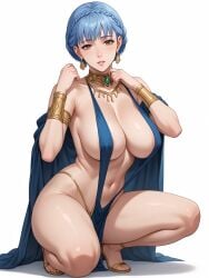 1girls accessory ai_generated areolae_visible_through_clothing arm_band blue_hair brown_eyes dancer dancer_outfit earrings female female fire_emblem fire_emblem:_three_houses fire_emblem_heroes flodun jewelry large_breasts leg_band lipstick looking_at_viewer marianne_von_edmund navel sitting solo thighs