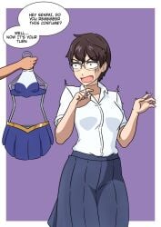 anime anime_style blue_skirt breasts brown_eyes brown_hair dialogue dialogue_bubble elsantidraw female female female_focus female_only gender_bender gender_transformation genderbent genderswap_(mtf) glasses hayase_nagatoro headswap naoto_hachioji_(senpai) part_1 please_don't_bully_me,_nagatoro rule_63 rule_63 school_uniform schoolgirl surprised surprised_expression text text_bubble tsf white_blouse white_shirt