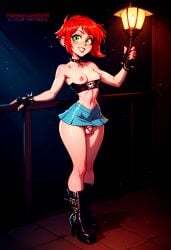 1futa 2d ai_generated blue_skirt boots chastity_cage choker ear_piercing earrings erect_nipples futanari gloves goth gothic green_eyes ilfb looking_at_viewer medium_breasts red_hair short_hair short_skirt skirt skirt_around_belly small_cage smiling smiling_at_viewer standing