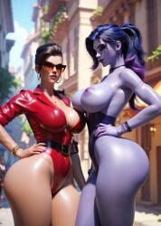 2girls ai_generated hand_on_hip huge_ass huge_breasts overwatch overwatch_2 seductive sombra thighs widowmaker