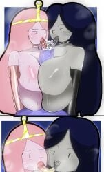 2girls1boy adventure_time big_breasts black_hair cartoon_network choker cropped cropped_image crown cum female female_focus finn_the_human grey_body kiss_mark kotarodayo1126 marceline paizuri pink_body pink_hair princess_bubblegum self_upload tongue tongue_out vampire vampire_girl