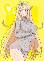 1girls blonde_hair blush breasts crossed_arms gold_eyes large_breasts mythra nipple_bulge sweater sweater_dress tagme thick_thighs thighs turtleneck xenoblade_(series) xenoblade_chronicles_2 yoshikirino