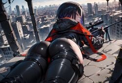 ai_generated ass ass_focus black_hair blue_hair cameltoe city closed_eyes eunhwa eunhwa_(nikke) female from_behind goddess_of_victory:_nikke huge_ass jacket looking_at_viewer lying multicolored_hair on_stomach pants shiny shiny_clothes shiny_hair shiny_skin short_hair smile sniper_rifle solo weapon