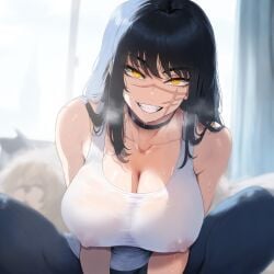 1girls ai_generated big_breasts breasts chainsaw_man choker cleavage cute_face jaygoats jeans large_breasts looking_at_viewer scar see-through see-through_clothing self_upload smirk solo sweat tank_top yoru_(chainsaw_man)