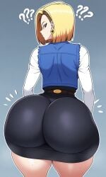 ai_generated android_18 blue_eyes bubble_ass bubble_butt d-art_style dragon_ball dragon_ball_z jacket looking_at_viewer pixelsin short_hair thick_thighs thighs twitter_link yellow_ear_ring yellow_hair