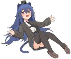 blue_eyes blue_hair breasts cat_ears catgirl female happy patreon puma_(reta) reta skirt smile tail thighs war_thunder white_body