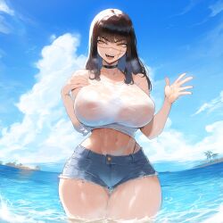 1girls ai_generated beach big_breasts black_hair breasts chainsaw_man choker denim_shorts jaygoats large_breasts outdoors partially_submerged see-through shorts slim_waist solo tank_top thick_thighs water wet wet_clothes yoru_(chainsaw_man)