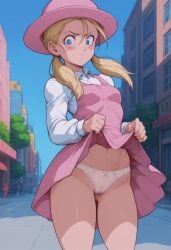 1girls ai_generated annoyed blonde_hair blue_eyes blush cameltoe civitai dragon_ball dragon_ball_gt dress dress_lift embarrassed hat looking_at_viewer marron outdoors panties shy small_breasts solo standing twintails white_panties yercyu