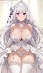 1girls breasts cleavage elf elf_ears elf_female emilia_(re:zero) exposed_shoulders half-dressed hips large_breasts light-skinned_female light_skin lingerie looking_at_viewer married_woman panties purple_eyes pussy_juice re:zero_kara_hajimeru_isekai_seikatsu silver_hair solo standing sweat the_amazing_gambit thick_thighs thighhighs wedding_dress wedding_lingerie wedding_veil wife