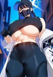 1girls ai_generated areolae_visible_through_clothing big_breasts blue_archive blue_eyes blue_hair breasts female female_focus female_only halo hat hips huge_breasts large_breasts looking_at_viewer mask navel nipples_visible_through_clothing saori_(blue_archive) thick_thighs thighs wide_hips