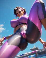 ai_generated cameltoe from_below huge_breasts legs_apart overwatch overwatch_2 seductive sombra thighs