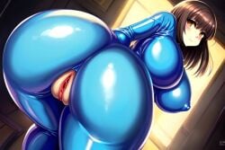 ai_generated big_ass big_breasts big_thighs chara latex metroid red_eyes samus_aran_(cosplay) short_hair undertale zero_suit_samus_(cosplay)