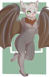 anthro arms_behind_back bat big_ears big_eyes blush breasts chest_tuft ellise female fluffy fur green_eyes hair looking_at_viewer mammal nickii nipples nude pinup pussy raised_leg short_hair smile solo standing tuft wings