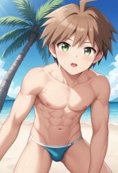 1boy abs ahoge ai_generated almost_naked almost_nude artist_request beach big_bulge blue_sky blush broad_shoulders brown_hair bulge cloud clouds cute_face danganronpa danganronpa:_trigger_happy_havoc green_eyes half_naked half_nude looking_at_viewer male male_only muscles muscular muscular_male naegi_makoto palm_tree pectorals pretty_boy speedo surprised surprised_expression swimsuit tagme thighs twink twunk