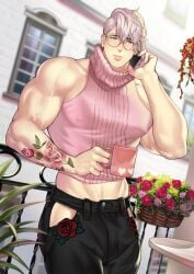 1boy arms_up bara beefy biceps big_breasts blurry_background femboy flower freckles gay glasses heart heart_symbol hi_res holding_object holding_phone hunk jouvru_(joberu) knitted_sweater lips lipstick looking_at_viewer male male_breasts male_only mature_male mug muscles muscular muscular_arms muscular_male nipples_visible_through_clothing oppai original original_character outdoors pecs pink_clothing pink_eyes pink_hair plant rose rose_tattoo round_glasses short_hair sleeveless smartphone solo sweater talking_on_phone tattoo tattoo_on_arm terrace turtleneck veiny veiny_arms veiny_belly veiny_hands veiny_muscles yaoi