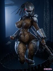 3d_(artwork) abs absurd_res alien alien_(franchise) alien_humanoid alien_vs._predator_(franchise) armor big_breasts breasts clothing degen3d digital_media_(artwork) female fishnet_clothing hi_res humanoid nipple_piercing nipples piercing predator_(franchise) solo thick_thighs weapon xenomorph yautja