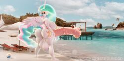 3d absurd_res alicorn animal_genitalia animal_penis anthro anthrofied balls beach big_balls big_penis digital_media_(artwork) english_text equid equine equine_genitalia equine_penis feathers friendship_is_magic frostbound ftg_crossgender fti_crossgender genitals gynomorph hair hasbro hi_res horn huge_balls huge_cock hyper hyper_balls hyper_genitalia hyper_penis intersex long_hair looking_at_viewer looking_back mammal my_little_pony mythological_creature mythological_equine mythology penis princess_celestia_(mlp) rule_63 solo text water white_body white_feathers wings