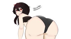 1girl 1girls 2d big_ass bikini clothed dark_hair loo looking_at_viewer looking_back red_eyes sfw solornartist:jukimen_skylarrncharacter:seisa_ripesh_(jeizei_hero)